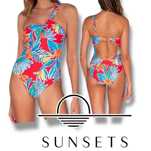 One Piece Swimsuit One Shoulder  Sunsets Tiger Lily Ginger MEDIUM - Picture 1 of 9
